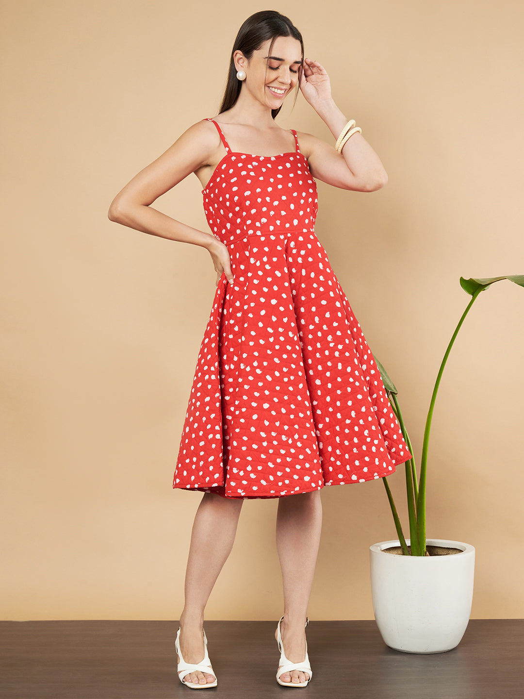 Premium Polka Dot Quilted Fit-and-Flare Dress For Women