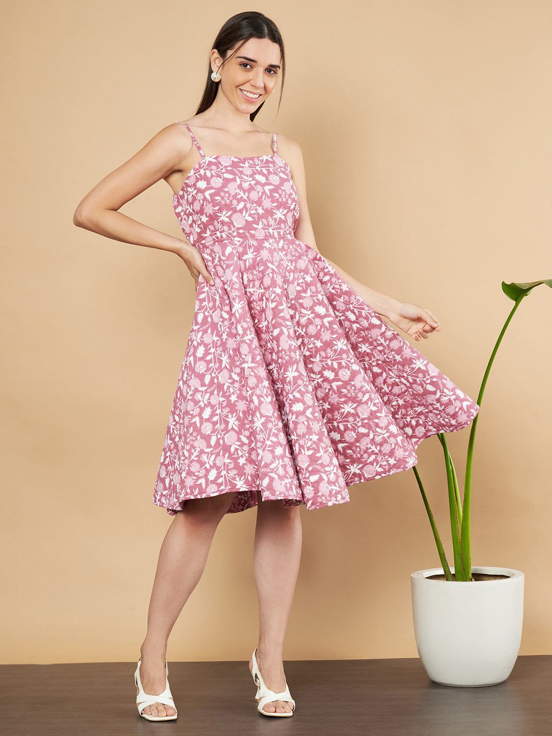 Pink Floral Quilted Cotton Dress for Women | COTLAND FASHION Pink Floral Quilted Cotton Dress for Women | COTLAND FASHION