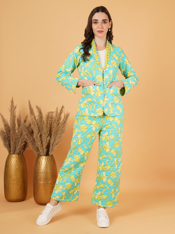 Floral Quilted Blazer and Trouser Set for Women