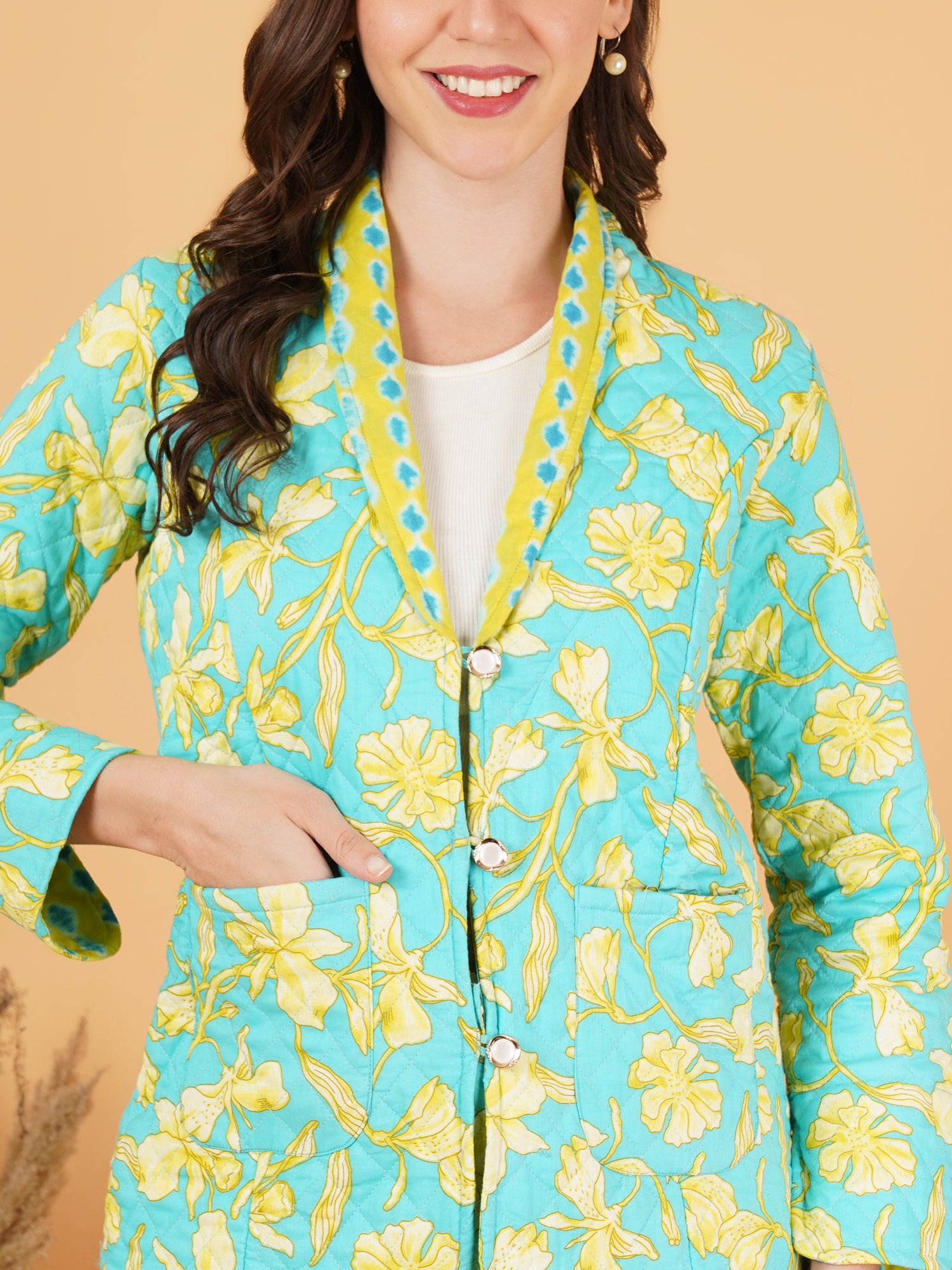 Floral Quilted Blazer and Trouser Set for Women