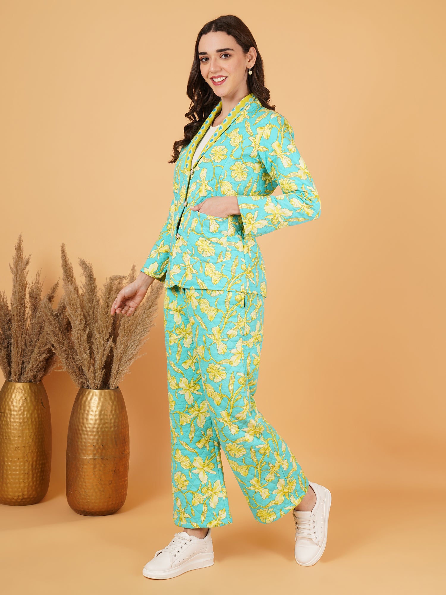 Floral Quilted Blazer and Trouser Set for Women