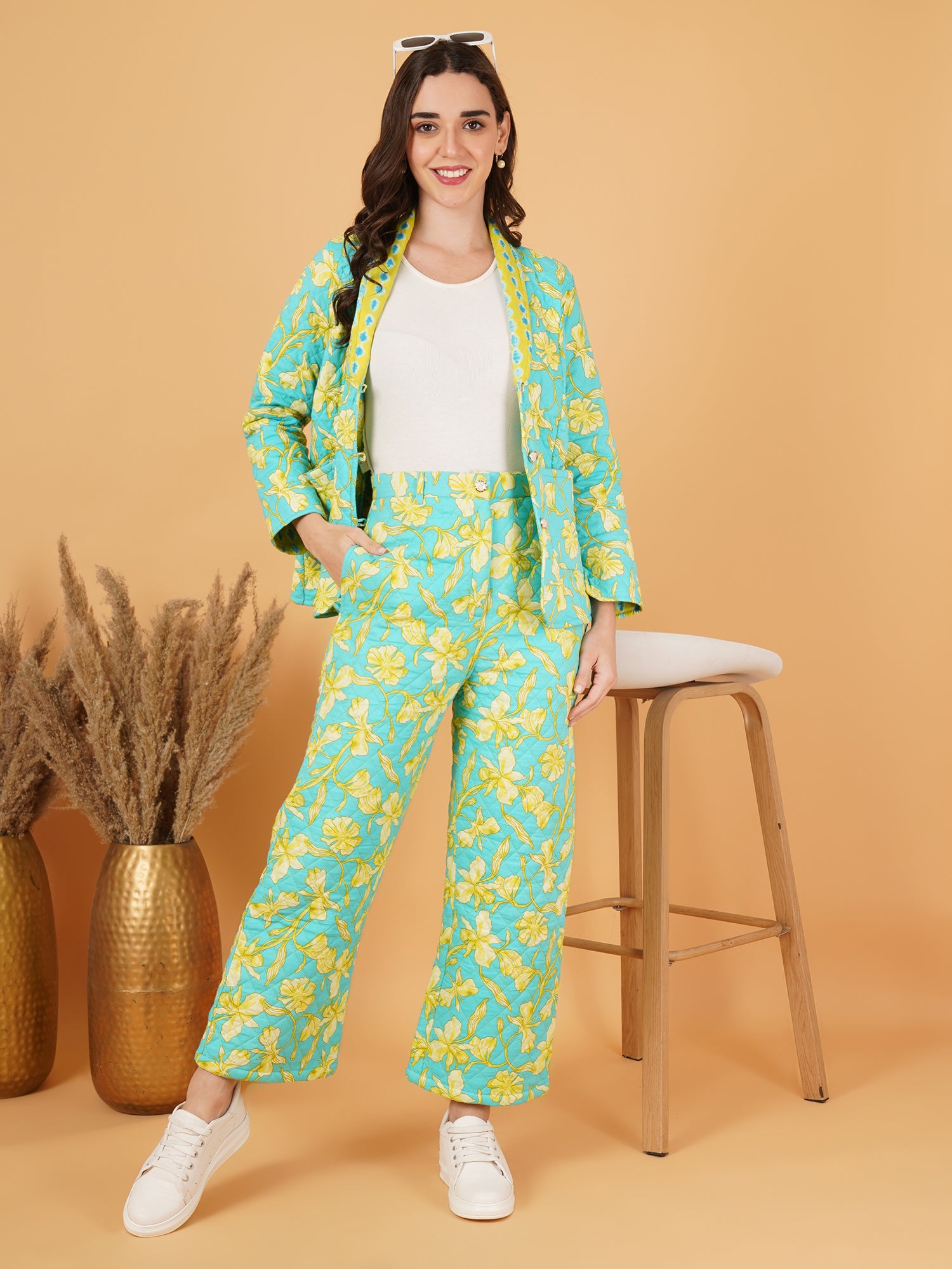 Floral Quilted Blazer and Trouser Set for Women