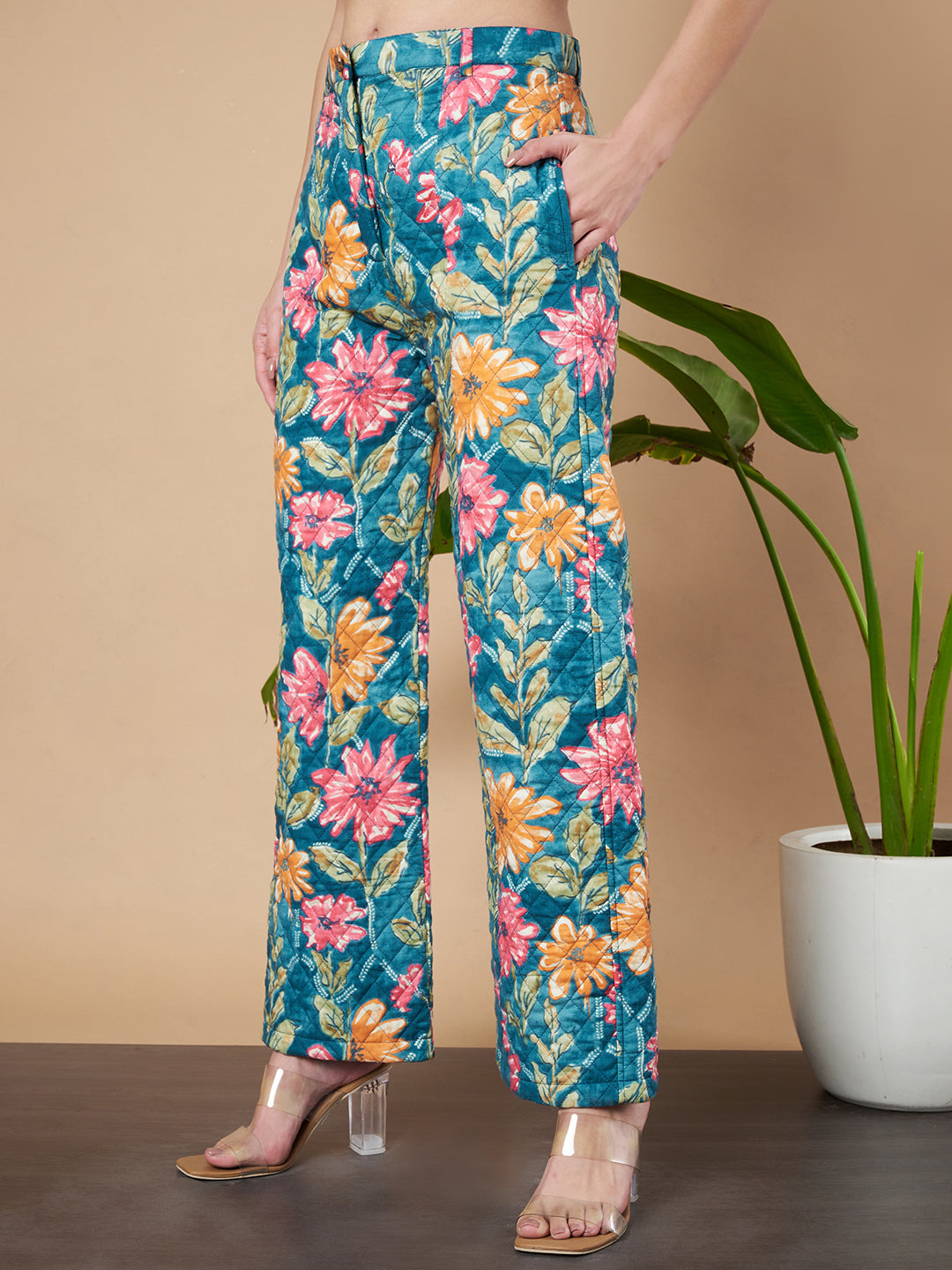 Floral Quilted Blazer and Trouser Set for Women