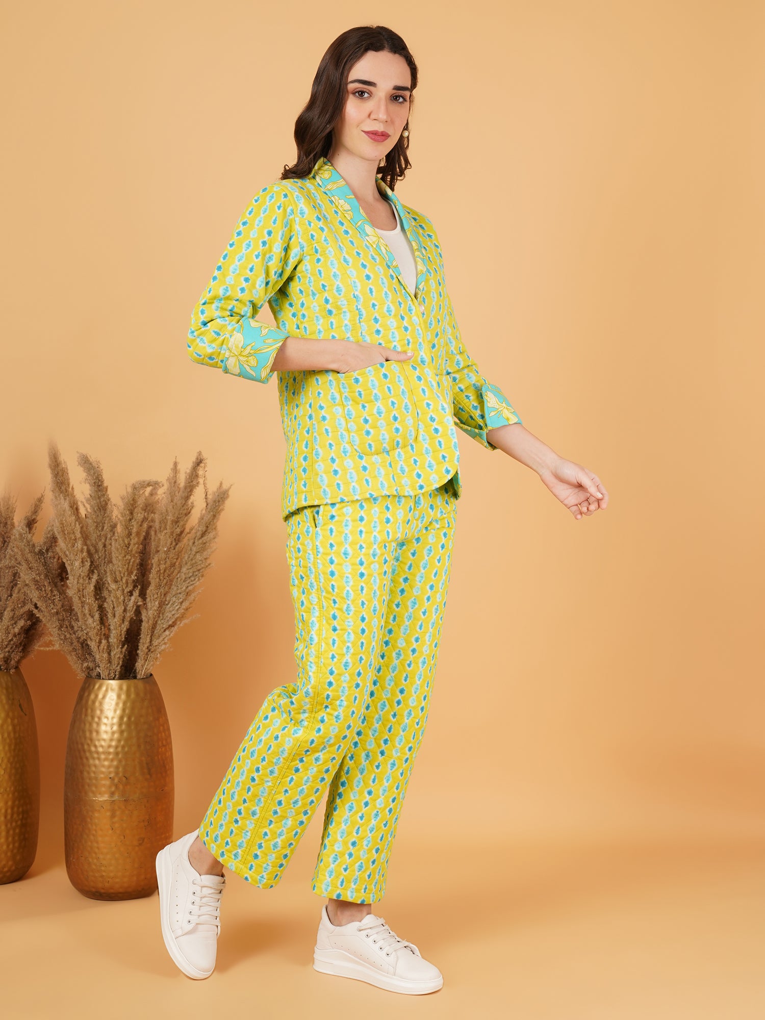 Bedruckter Baumwollblazer mit passender Hose für Damen