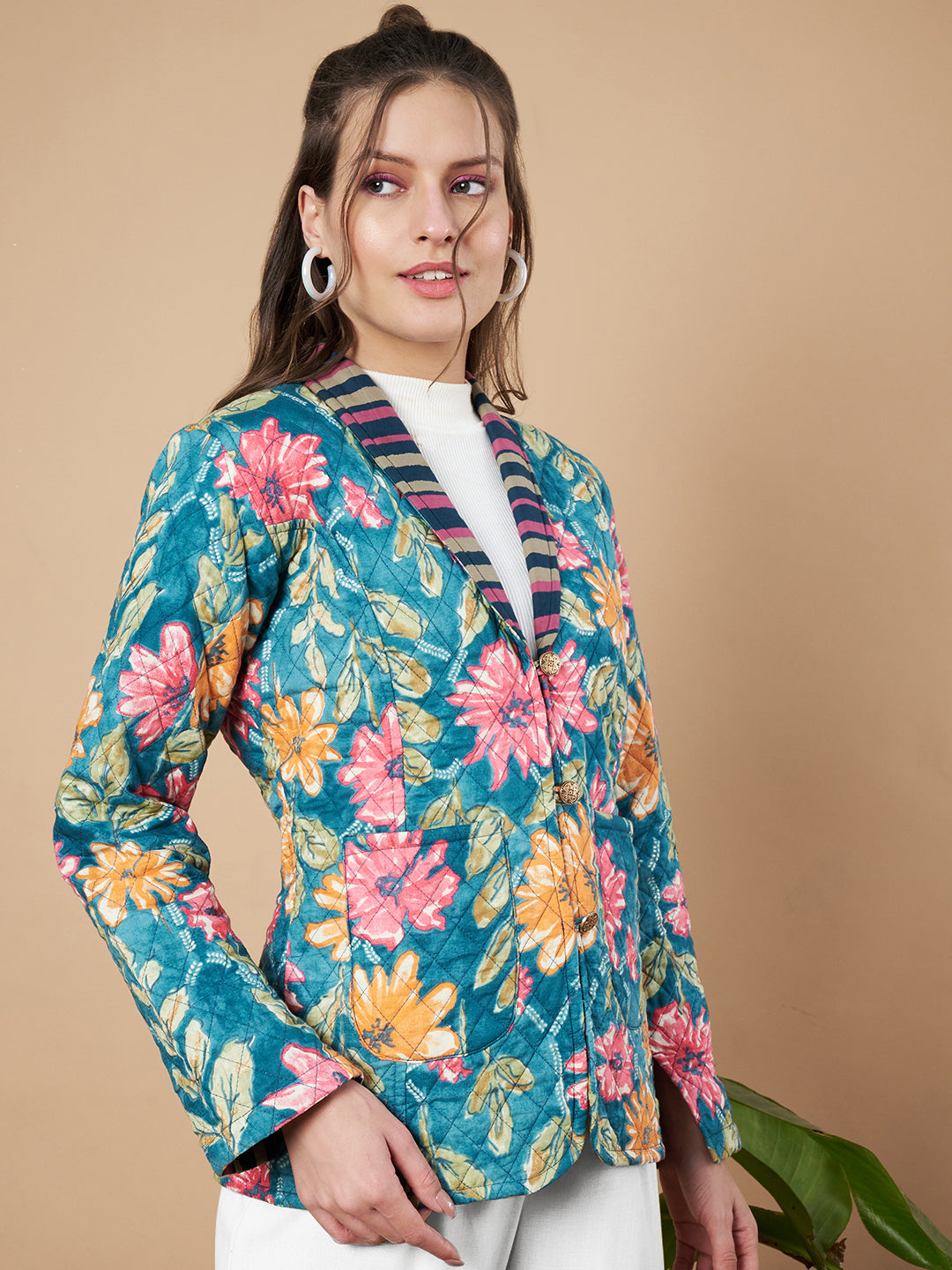 Teal  Blue Floral Quilted Blazer for Women