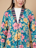 Petrolblauer Steppblazer mit Blumenmuster für Damen
