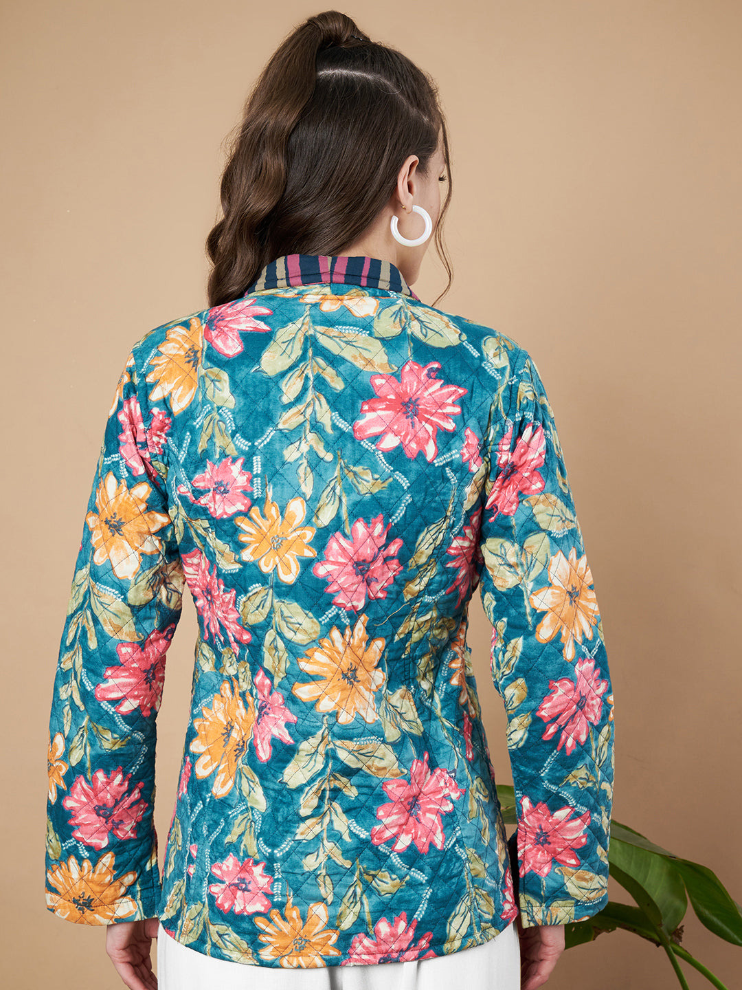 Teal  Blue Floral Quilted Blazer for Women