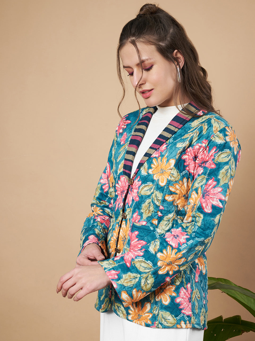 Teal  Blue Floral Quilted Blazer for Women