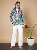 Petrolblauer Steppblazer mit Blumenmuster für Damen