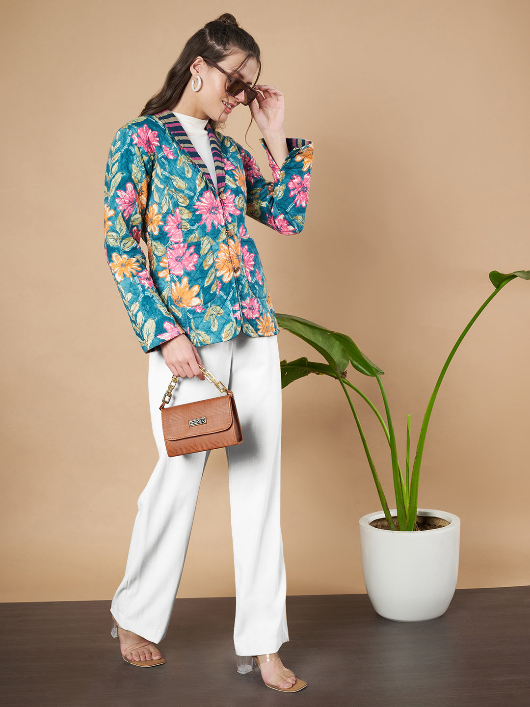 Teal  Blue Floral Quilted Blazer for Women