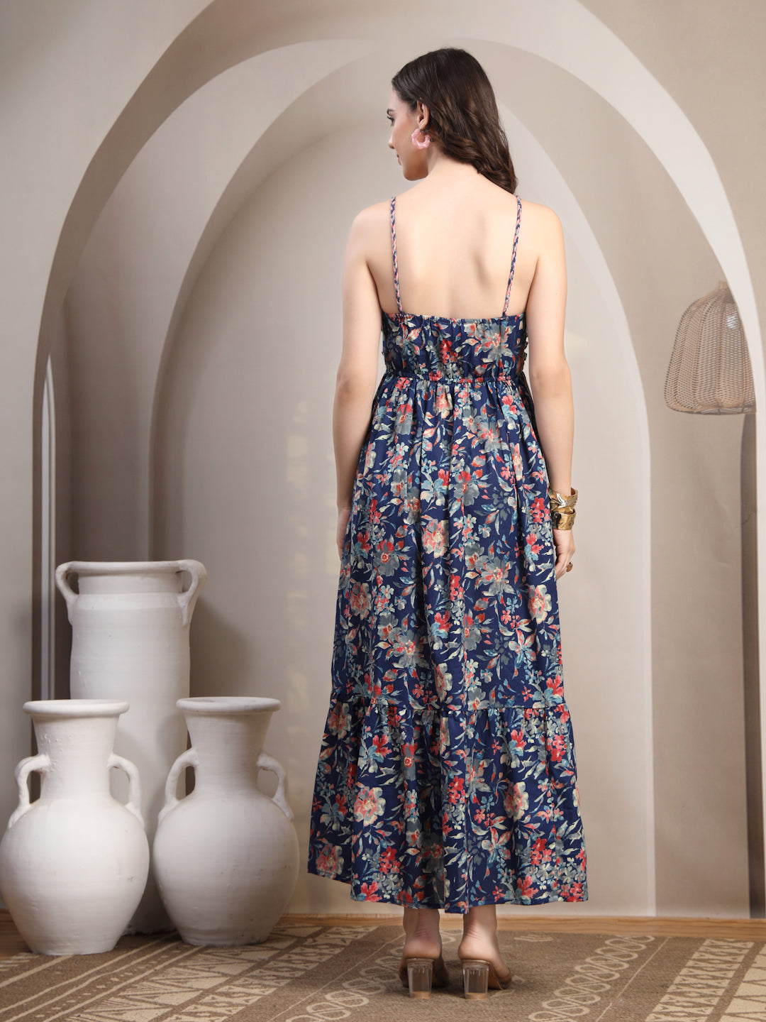 Navy Floral Strappy Cotton Maxi Dress for Women - view 4