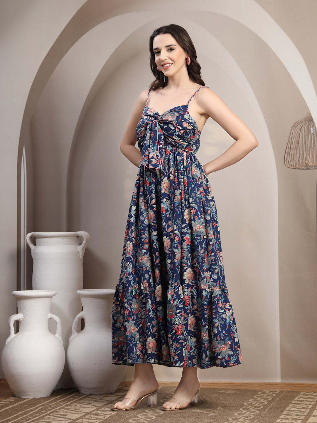 Navy Floral Strappy Cotton Maxi Dress for Women - view 5