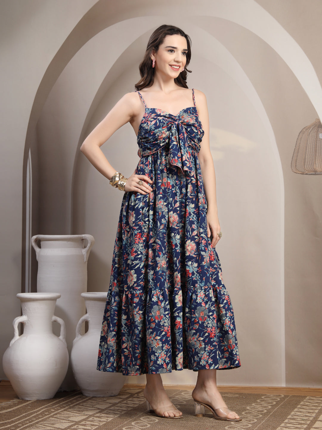 Navy Floral Strappy Cotton Maxi Dress for Women - view 7