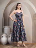 Navy Floral Strappy Cotton Maxi Dress for Women - view 7