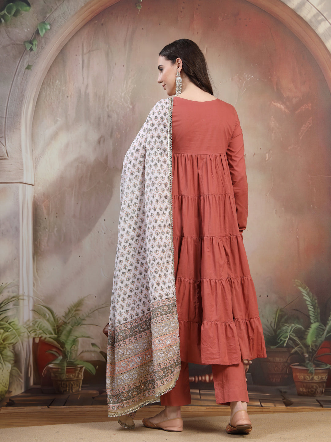 Rust Cotton Kurta Set with Dupatta for Women - view 4