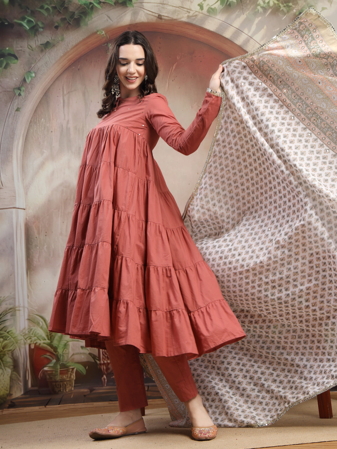 Rust Cotton Kurta Set with Dupatta for Women - view 5