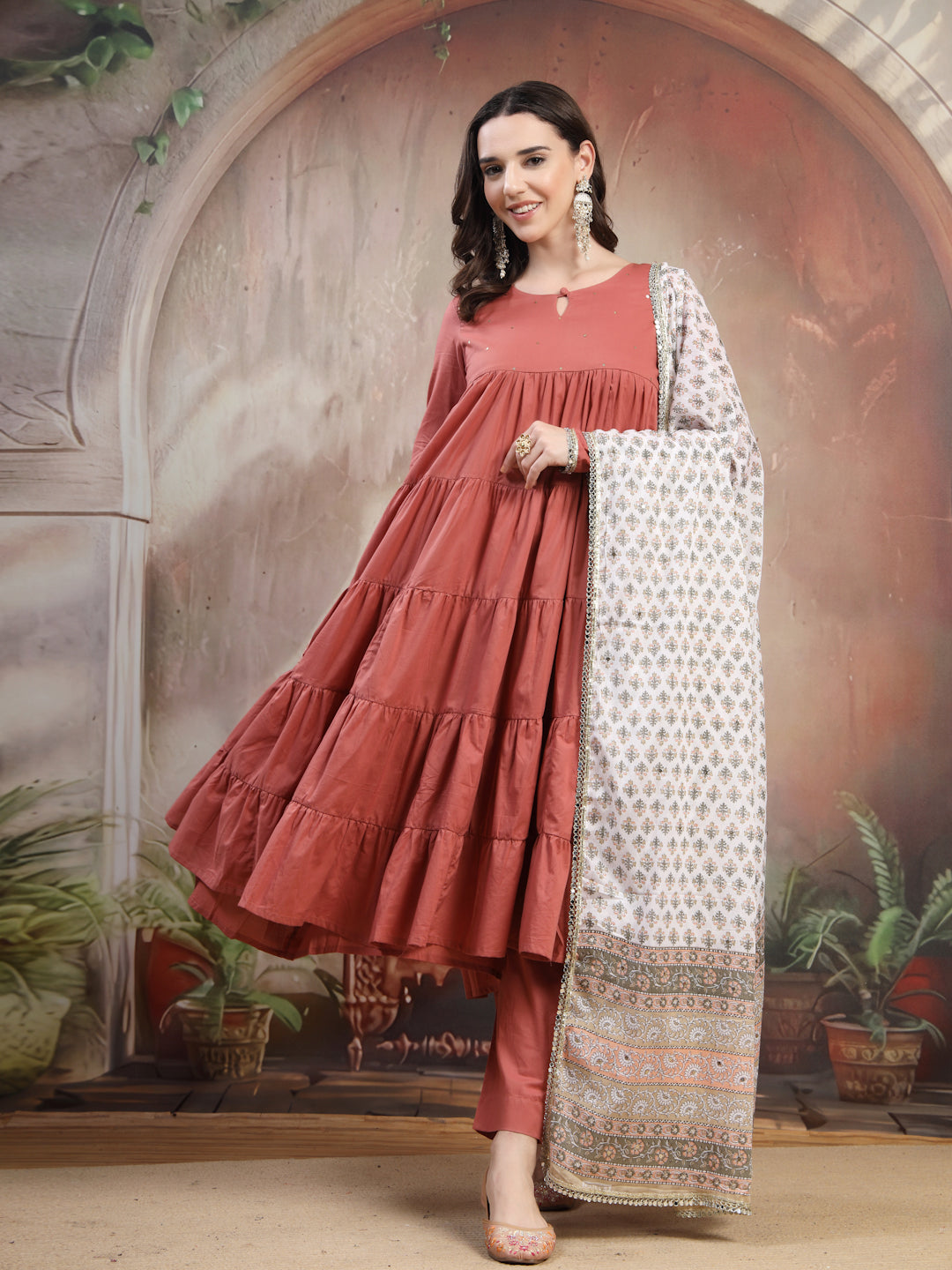 Rust Cotton Kurta Set with Dupatta for Women - view 6