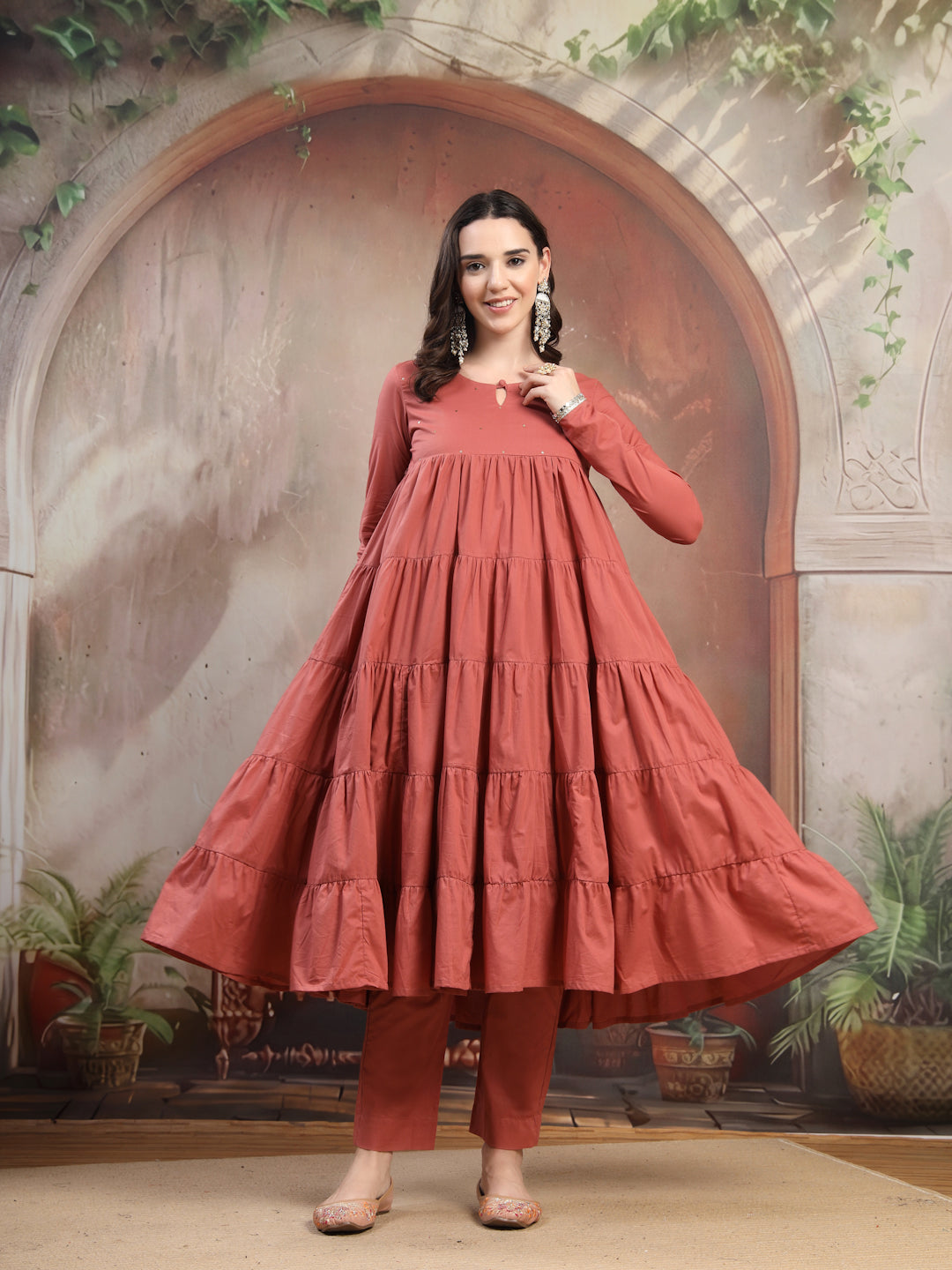 Rust Cotton Kurta Set with Dupatta for Women - view 7