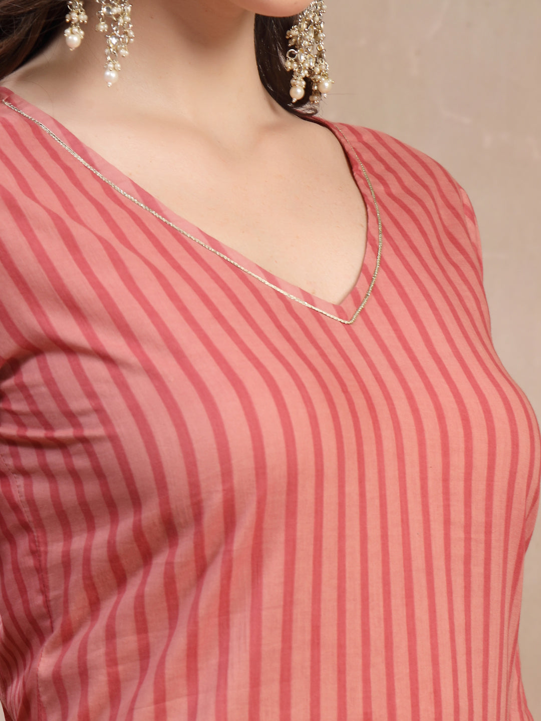 Coral Striped Cotton Kurta Set with Dupatta for Women - view 3