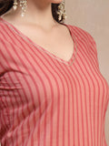 Coral Striped Cotton Kurta Set with Dupatta for Women - view 3