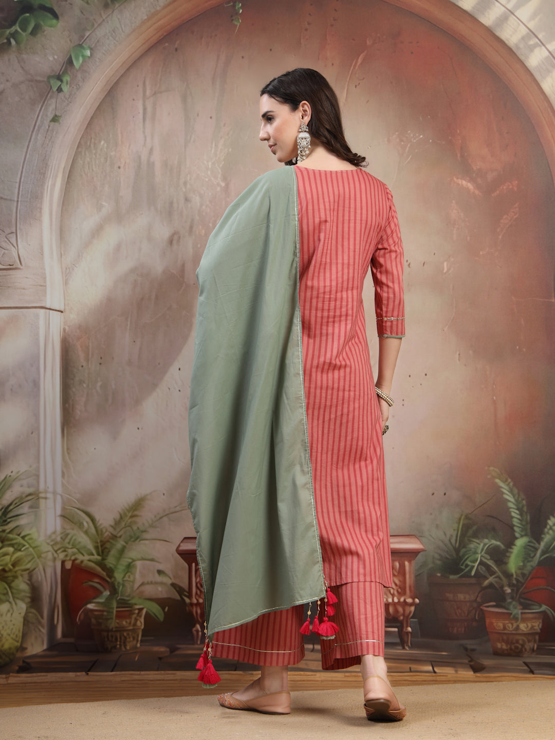 Coral Striped Cotton Kurta Set with Dupatta for Women - view 4