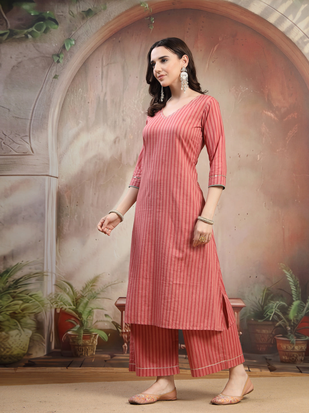 Coral Striped Cotton Kurta Set with Dupatta for Women - view 5