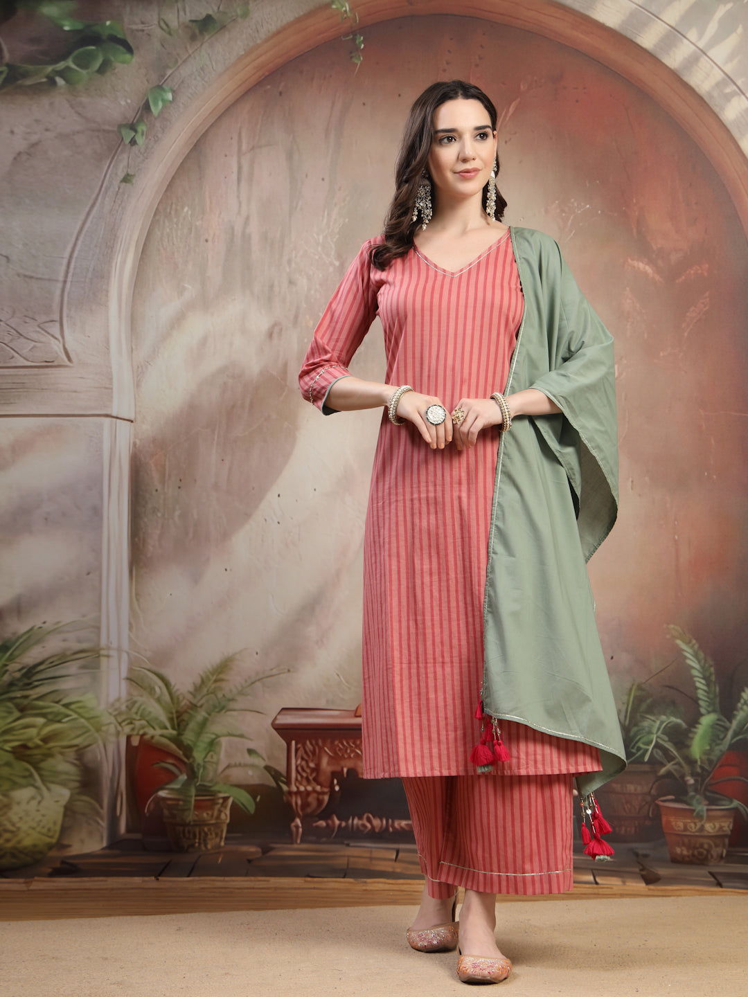 Coral Striped Cotton Kurta Set with Dupatta for Women - view 6