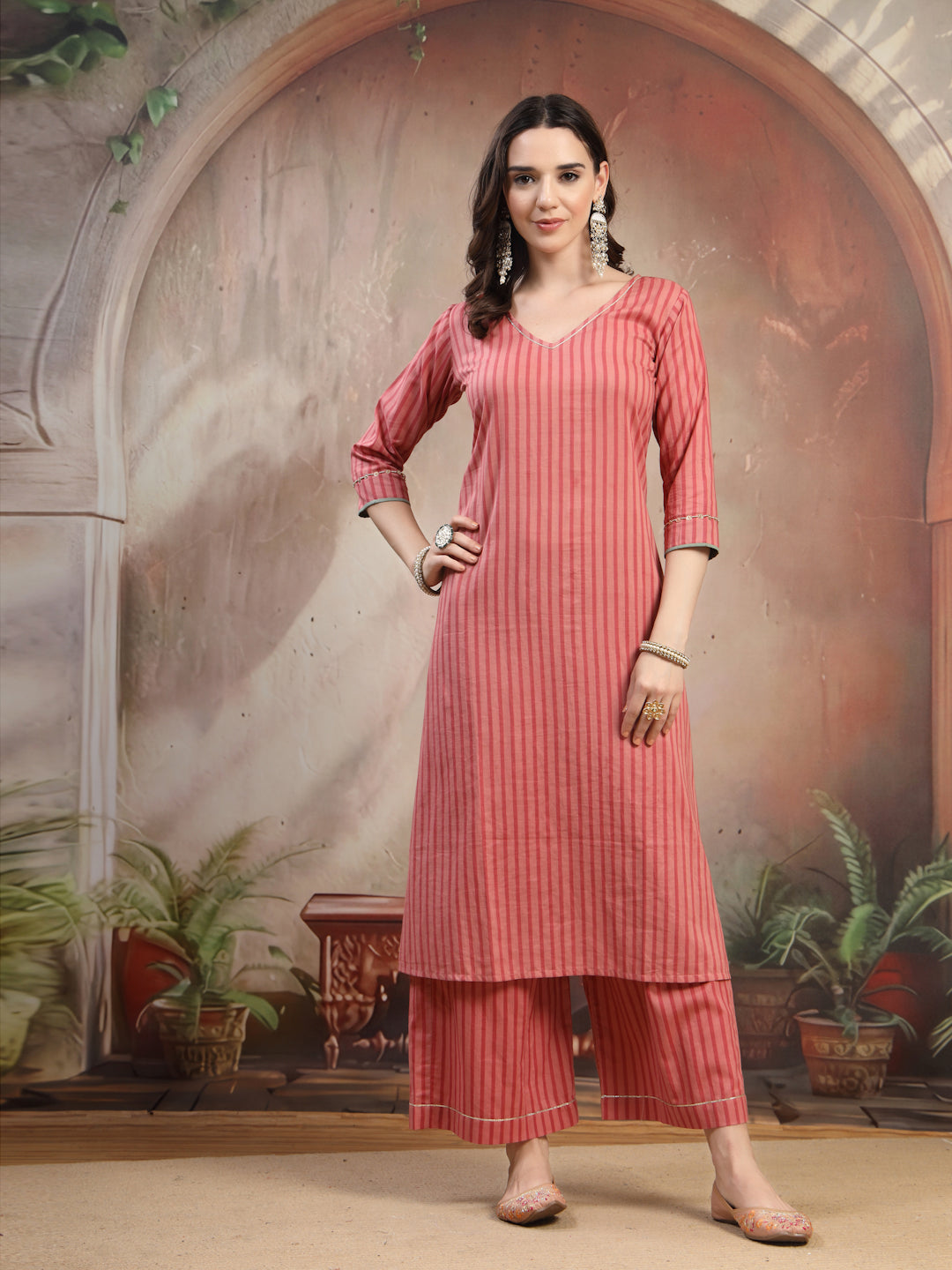 Coral Striped Cotton Kurta Set with Dupatta for Women - view 7