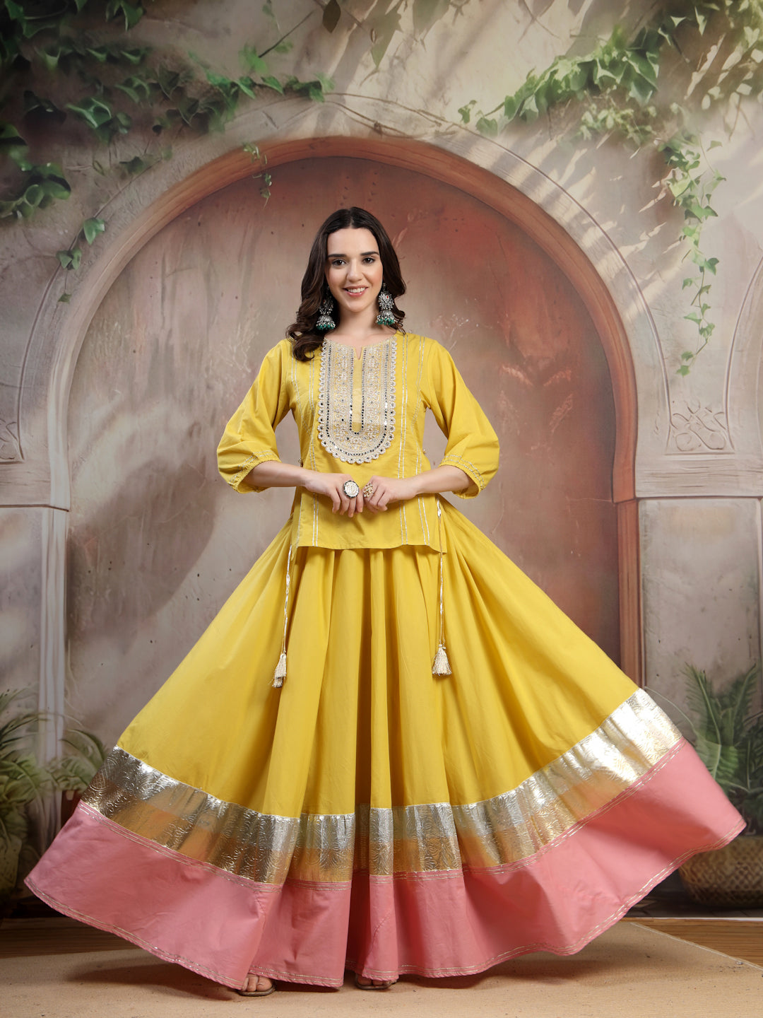Mustard Embroidered Cotton Lehenga Set for Women - view 1
