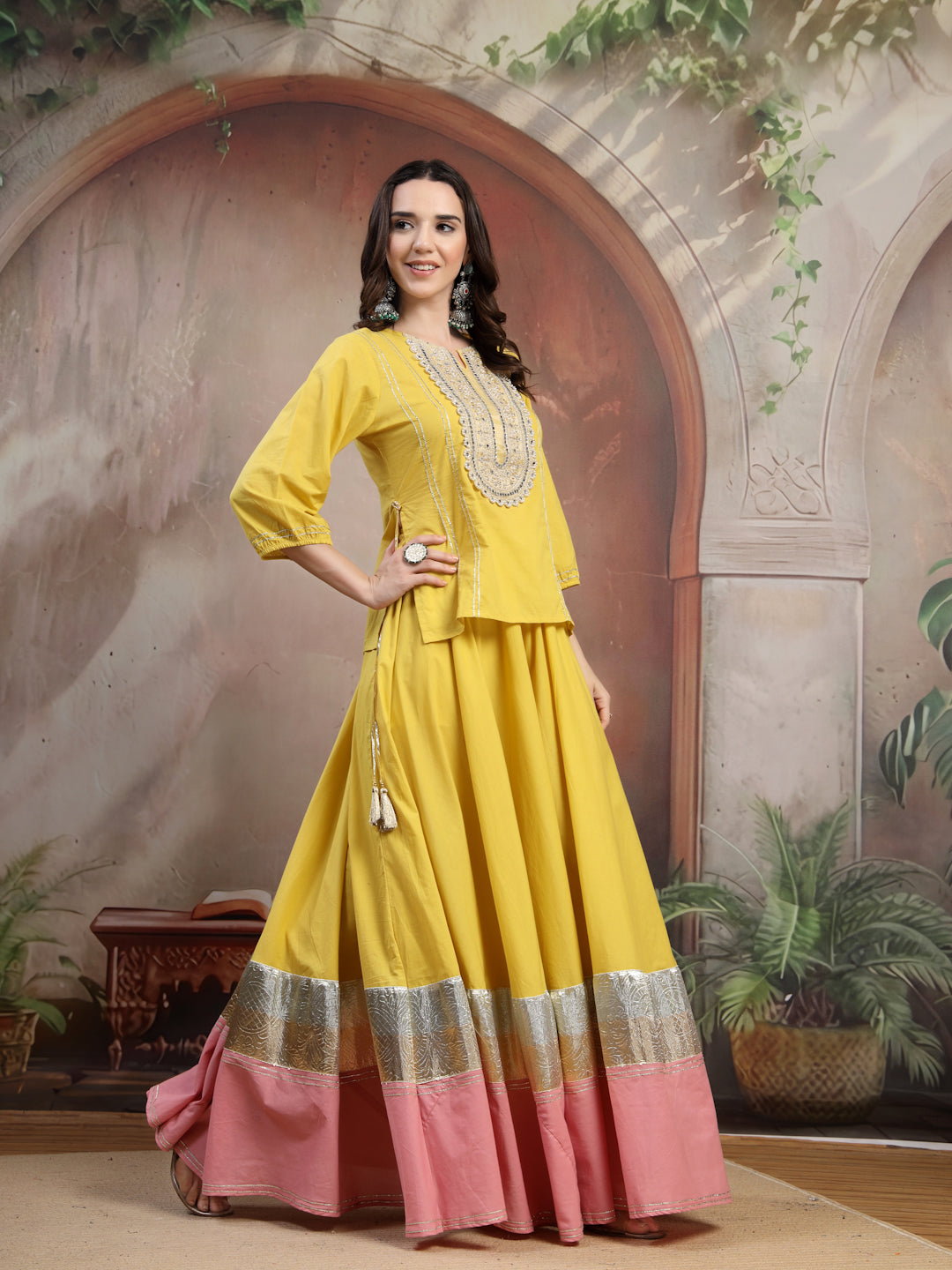 Mustard Embroidered Cotton Lehenga Set for Women - view 2