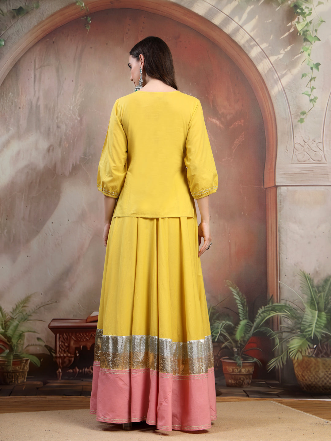 Mustard Embroidered Cotton Lehenga Set for Women - view 4