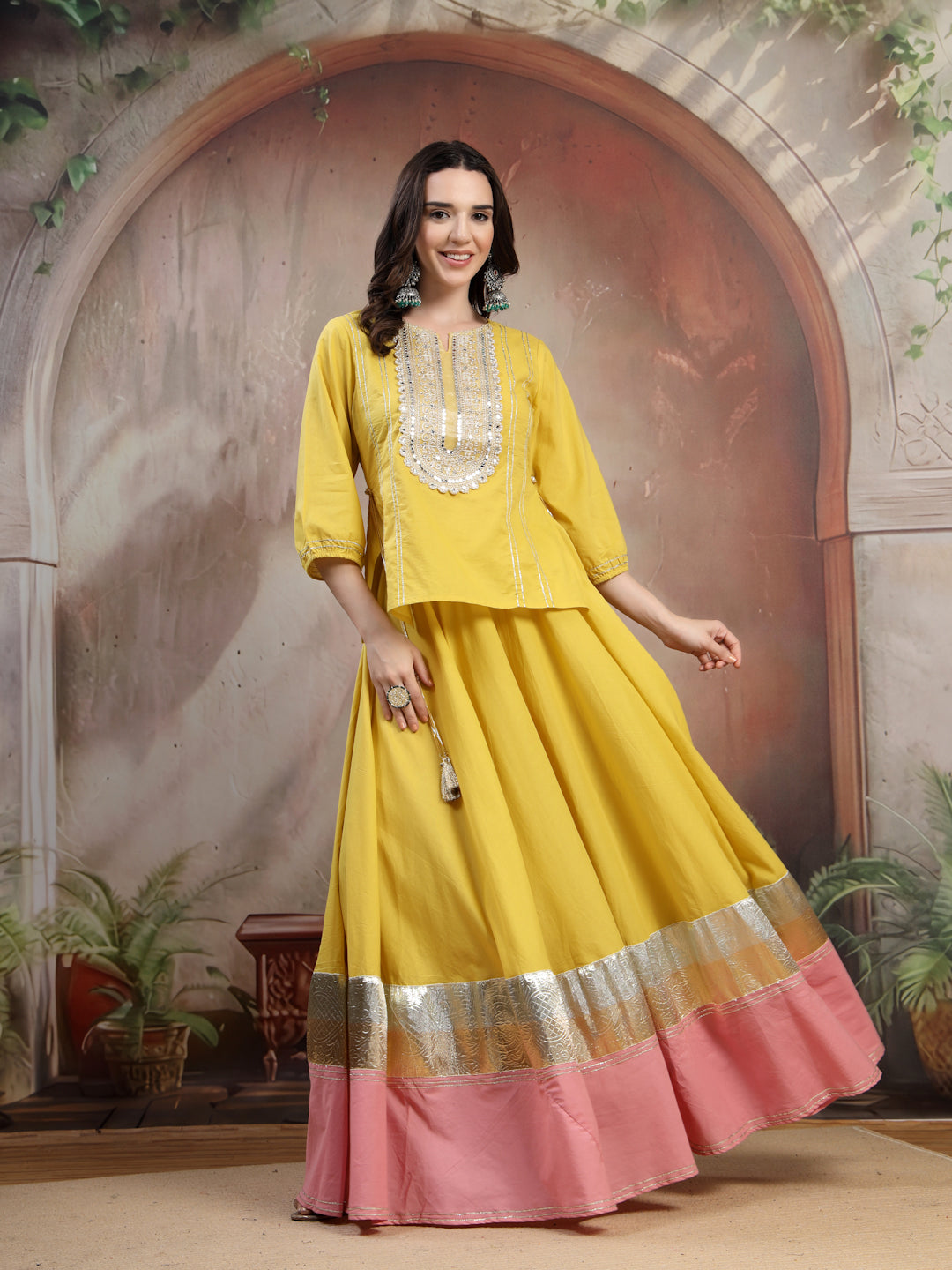 Mustard Embroidered Cotton Lehenga Set for Women - view 5