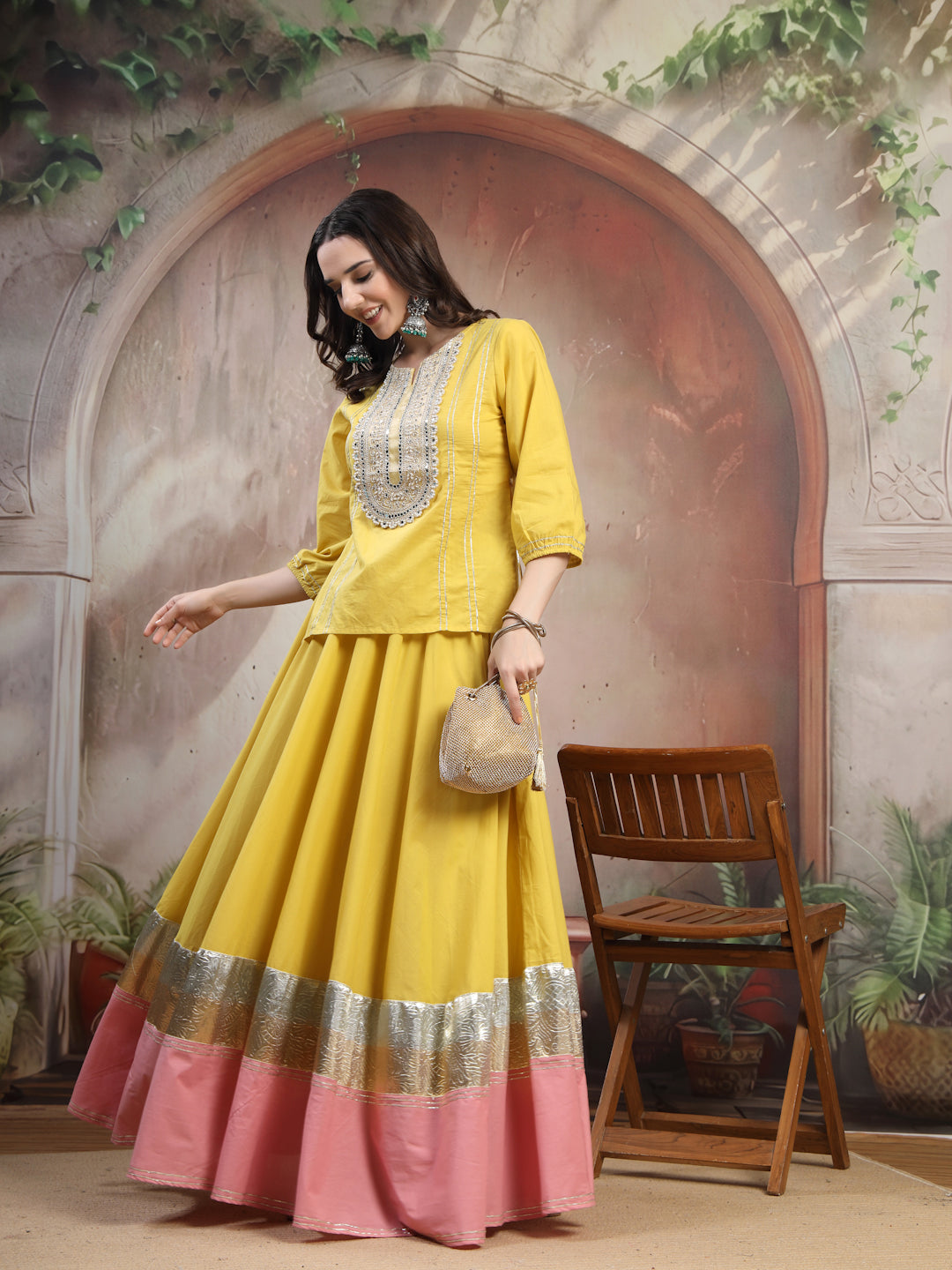 Mustard Embroidered Cotton Lehenga Set for Women - view 6