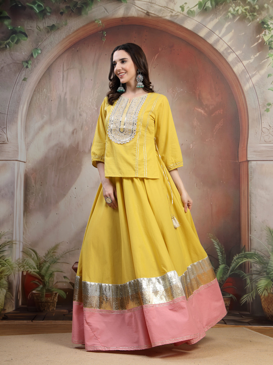 Mustard Embroidered Cotton Lehenga Set for Women - view 7