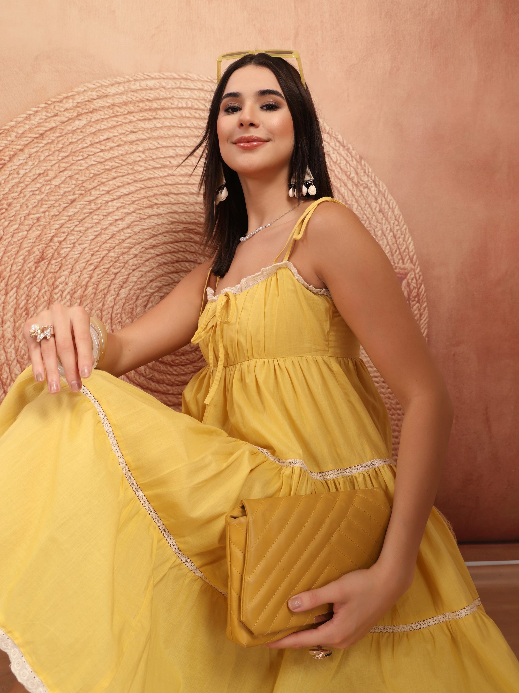 Yellow Cotton A-Line Tier Dress for Women - view 4