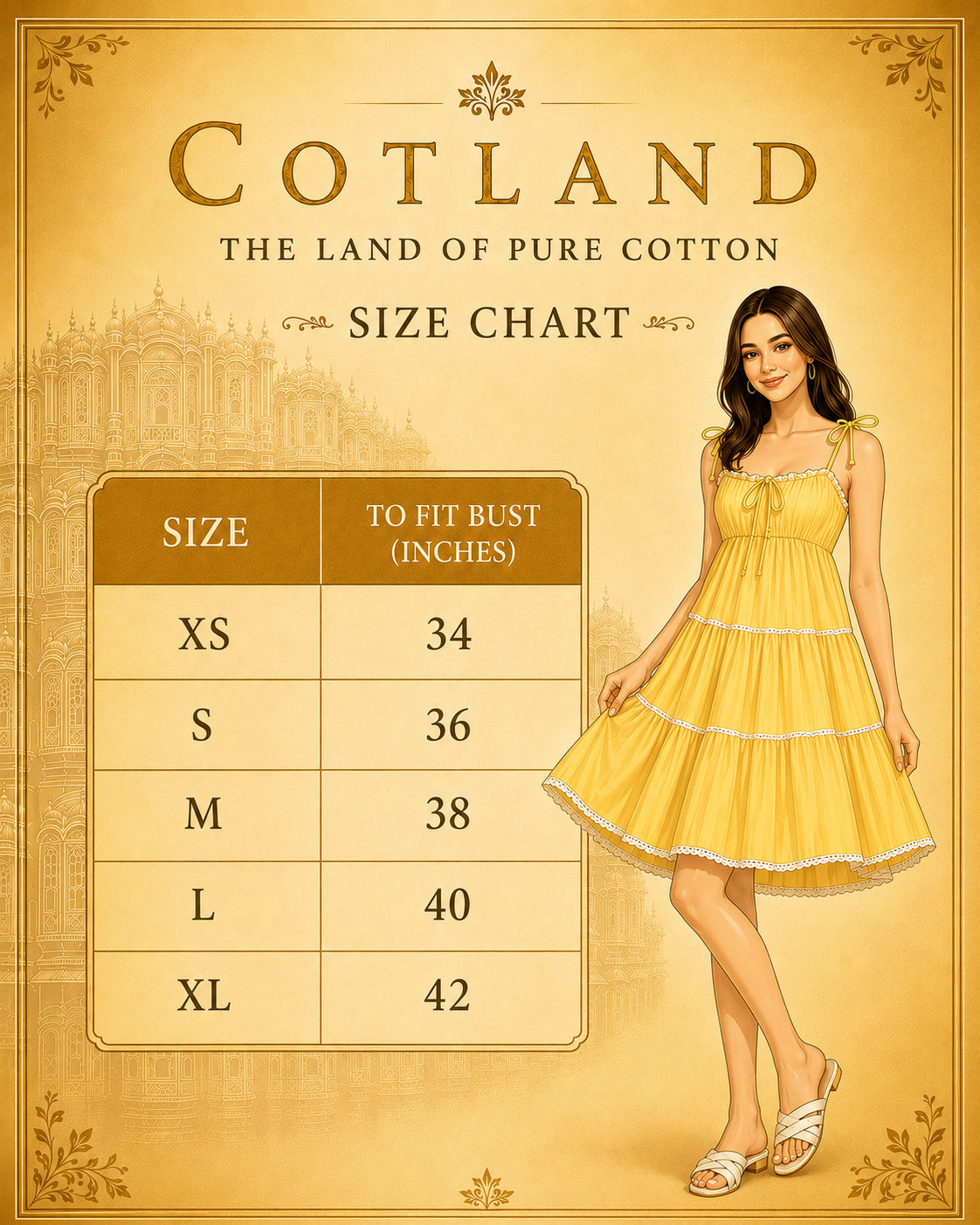 Yellow Cotton A-Line Tier Dress for Women - size chart