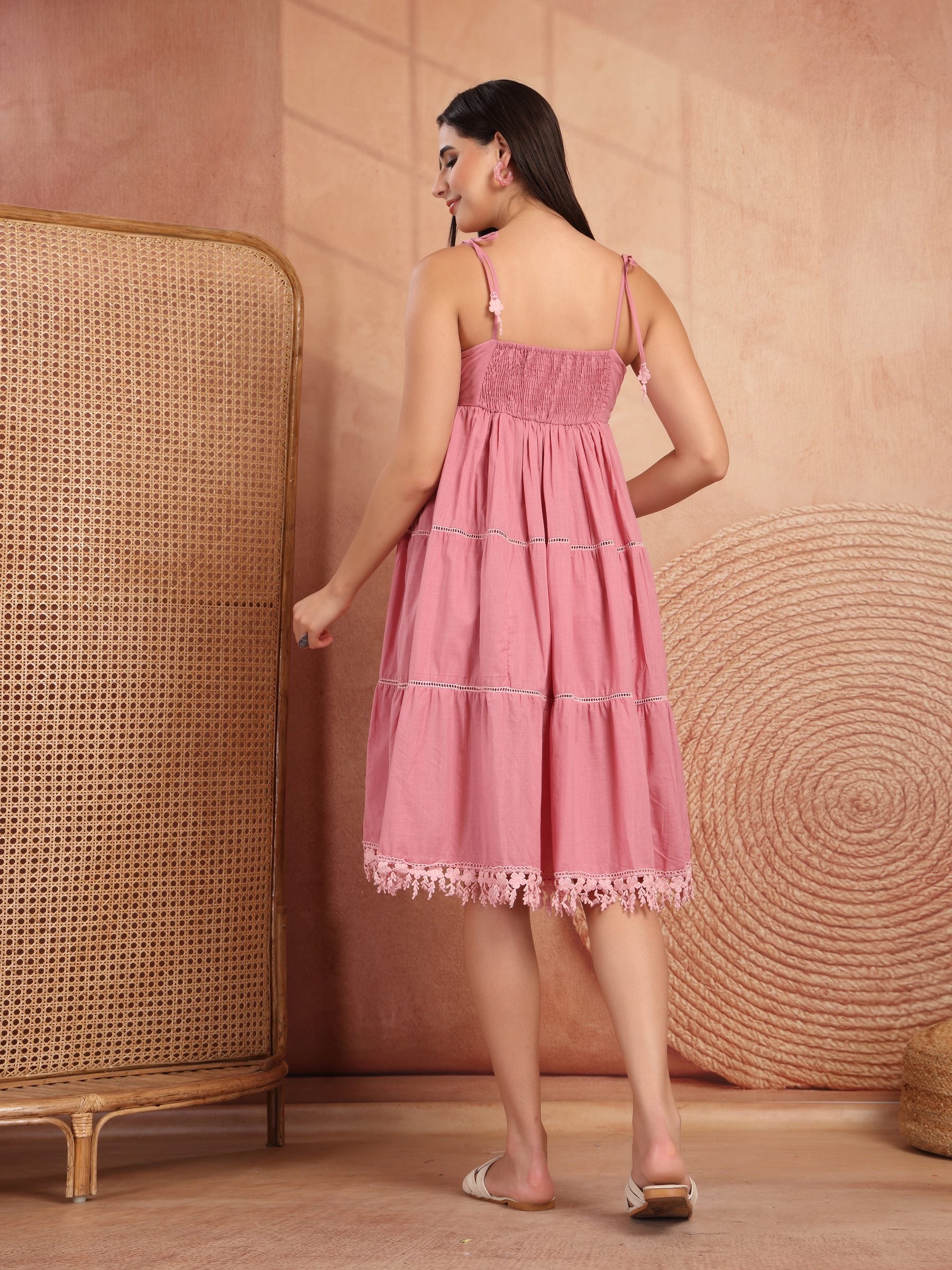 Pink Cotton A-Line Dress for Women - view 4