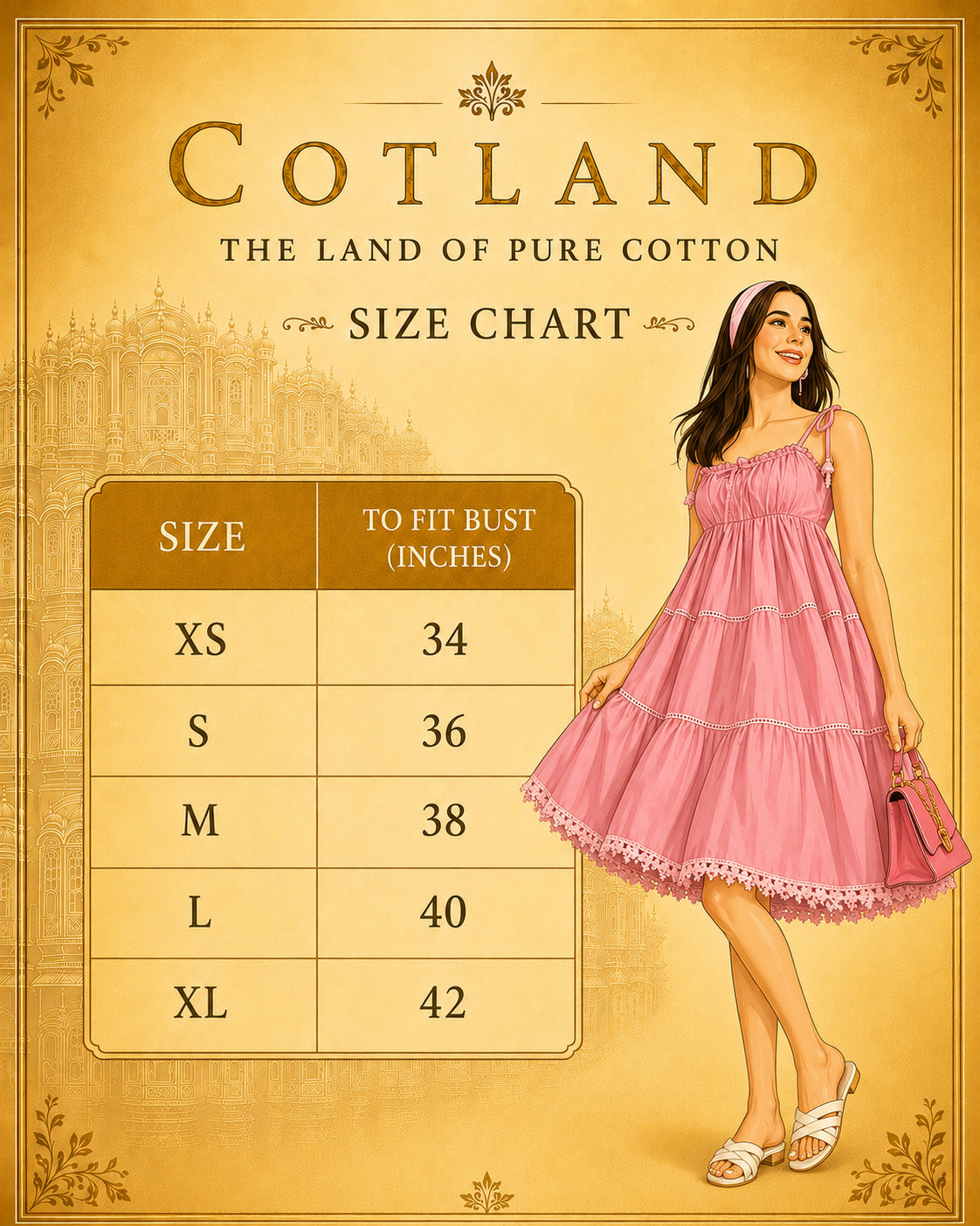 Pink Cotton A-Line Dress for Women - size chart