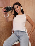 White Sleeveless Side-Lace Fringe Tunic Top for Women - view 2