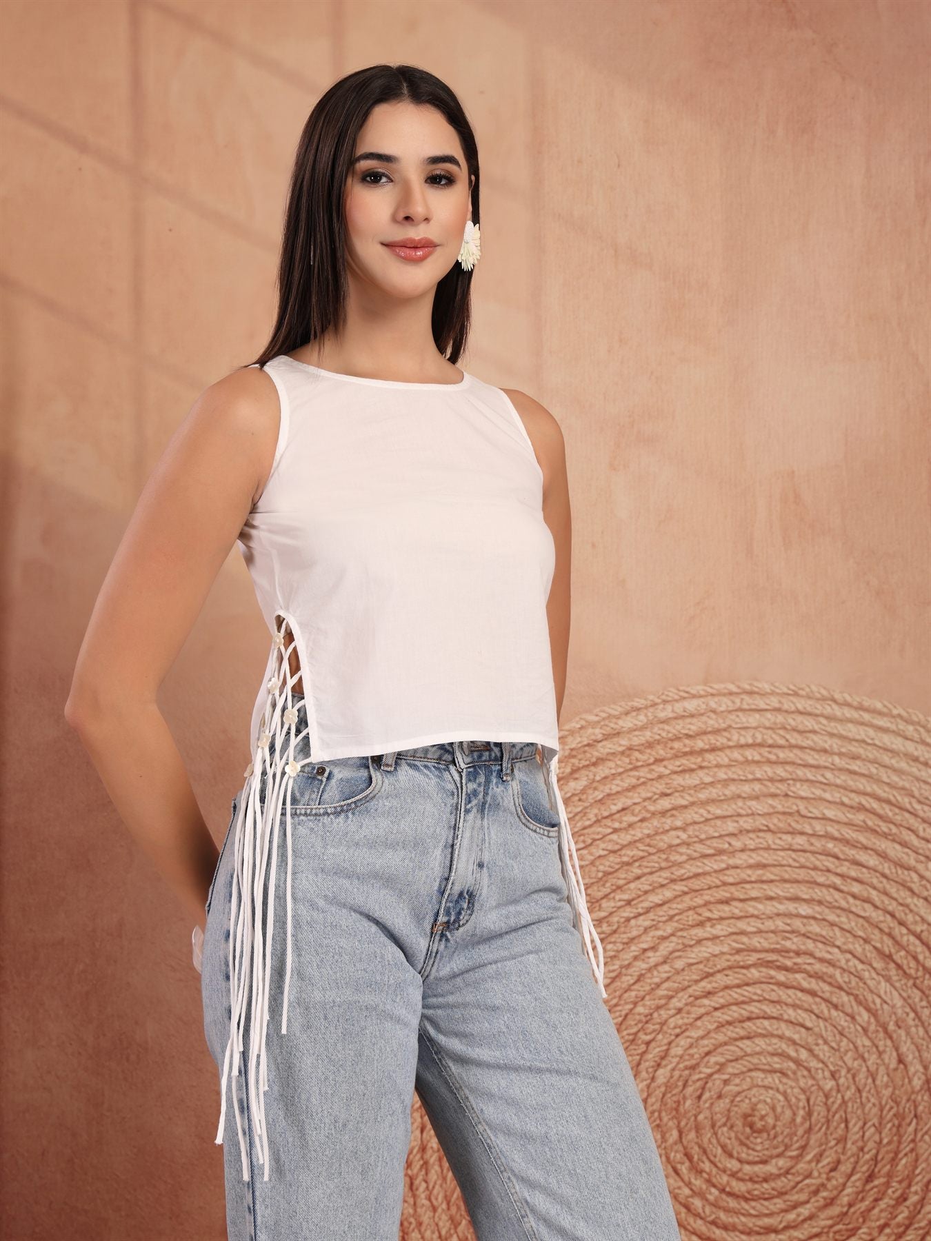 White Sleeveless Side-Lace Fringe Tunic Top for Women - view 5