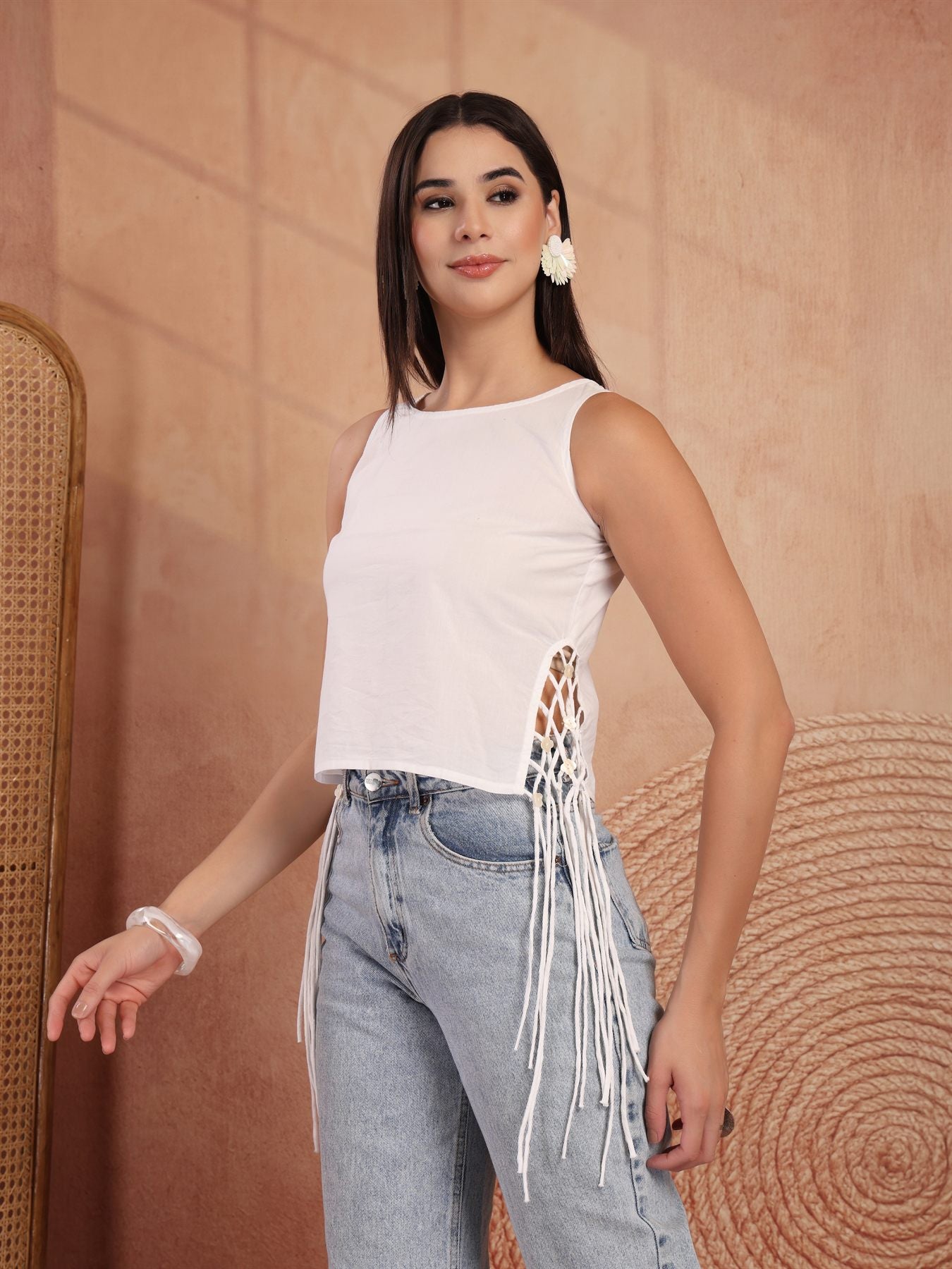 White Sleeveless Side-Lace Fringe Tunic Top for Women - view 6
