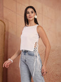 White Sleeveless Side-Lace Fringe Tunic Top for Women - view 6