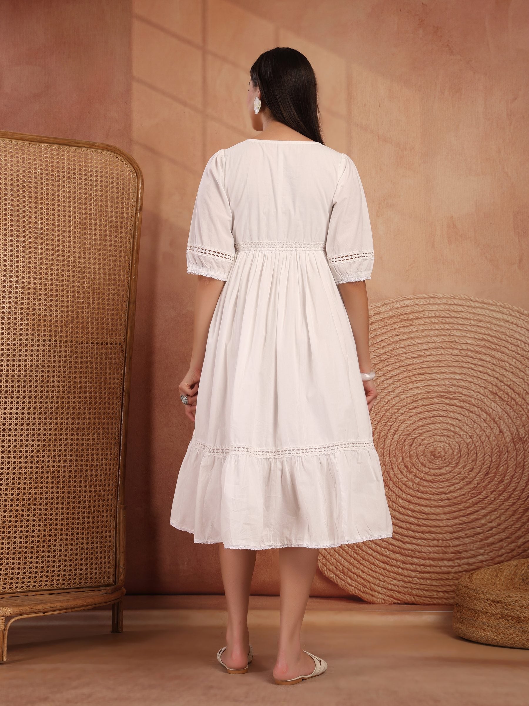 White Cotton A-Line Dress for Women - view 4