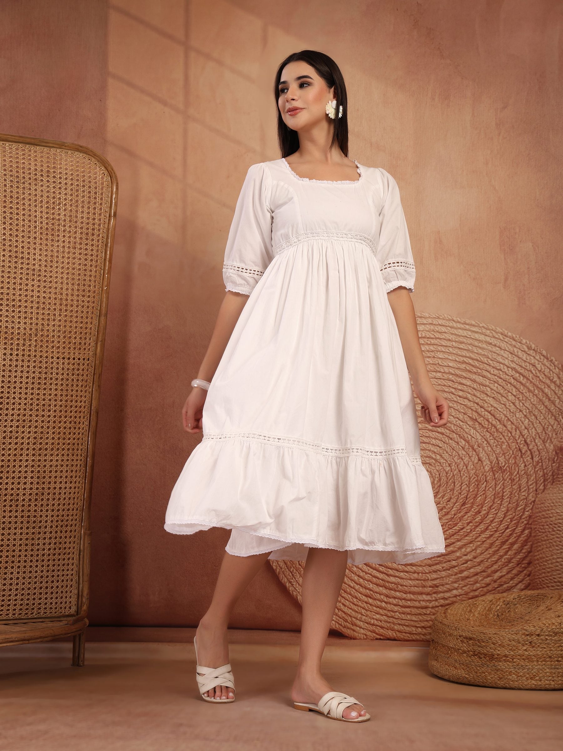 White Cotton A-Line Dress for Women - view 5
