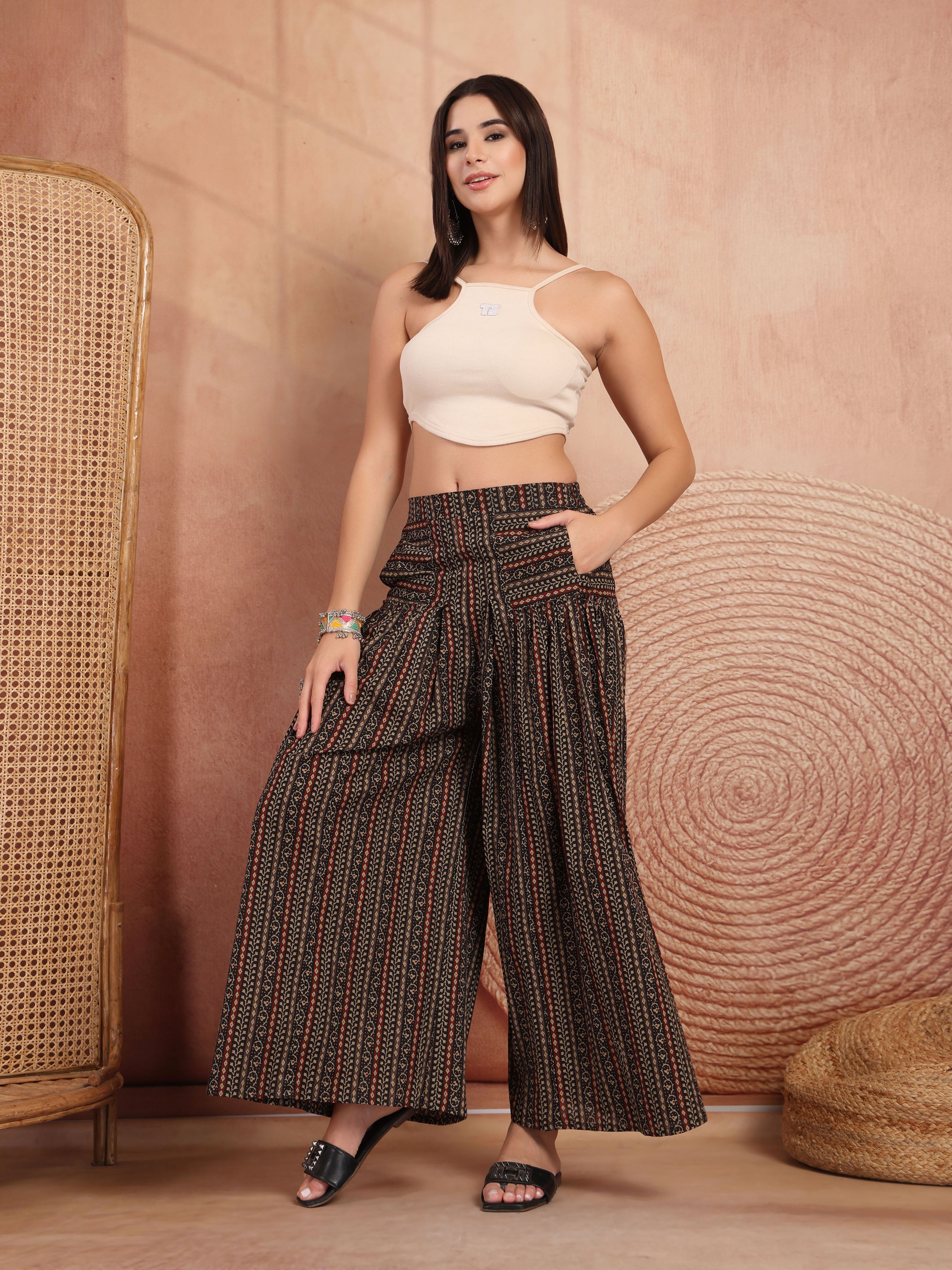 Black Printed Cotton Flared Palazzo for Women - view 1