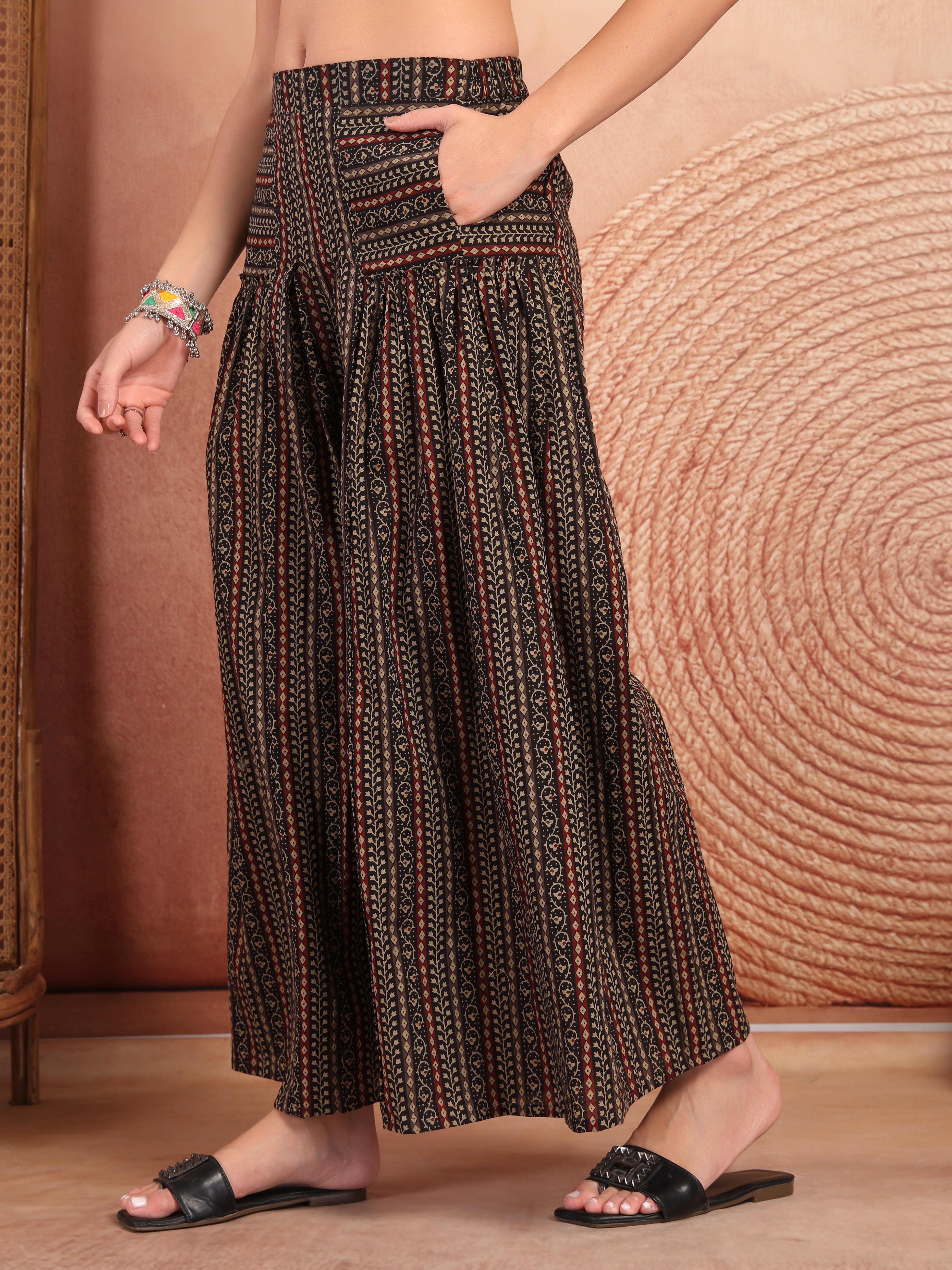 Black Printed Cotton Flared Palazzo for Women - view 3