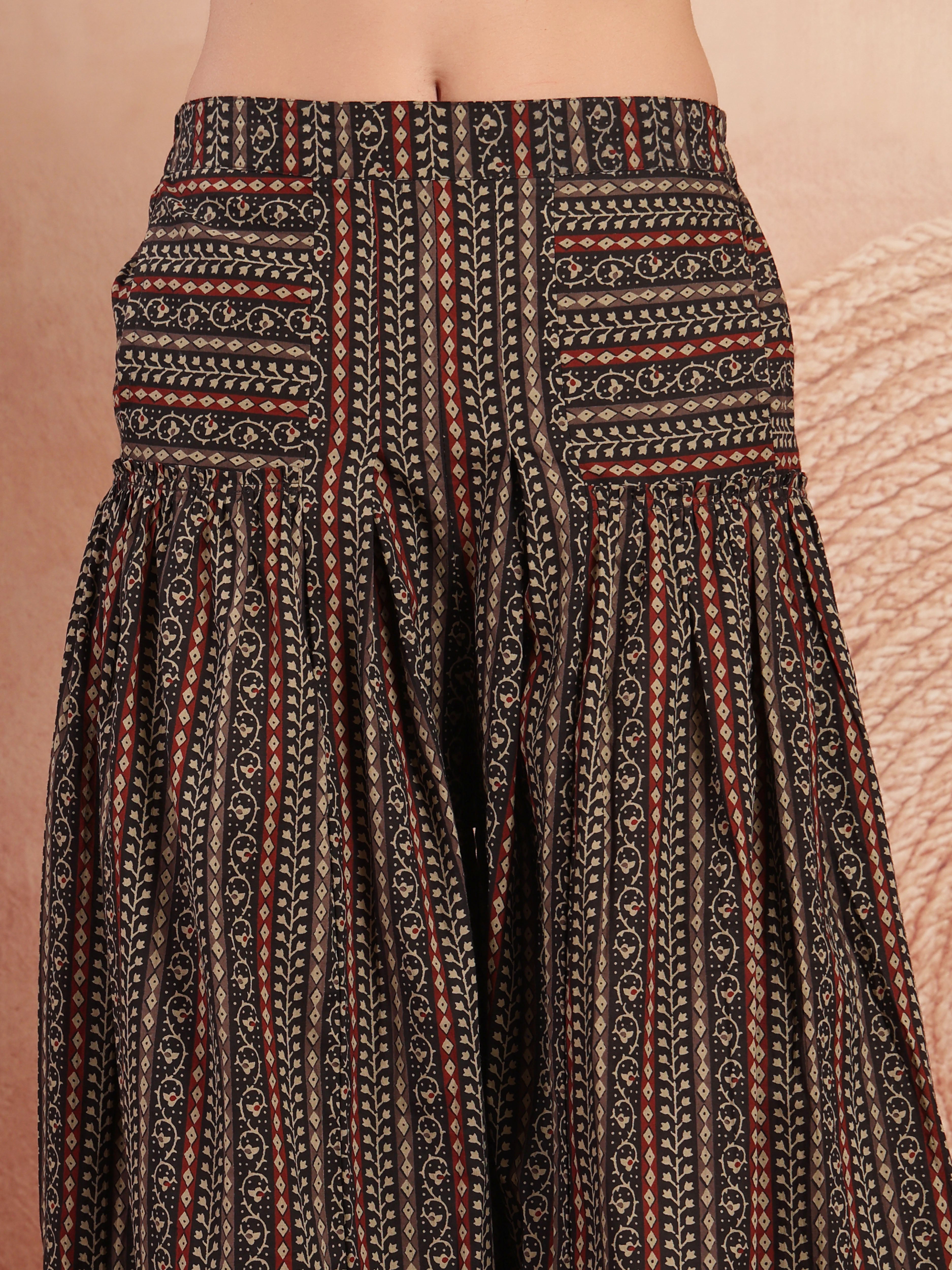 Black Printed Cotton Flared Palazzo for Women - view 4
