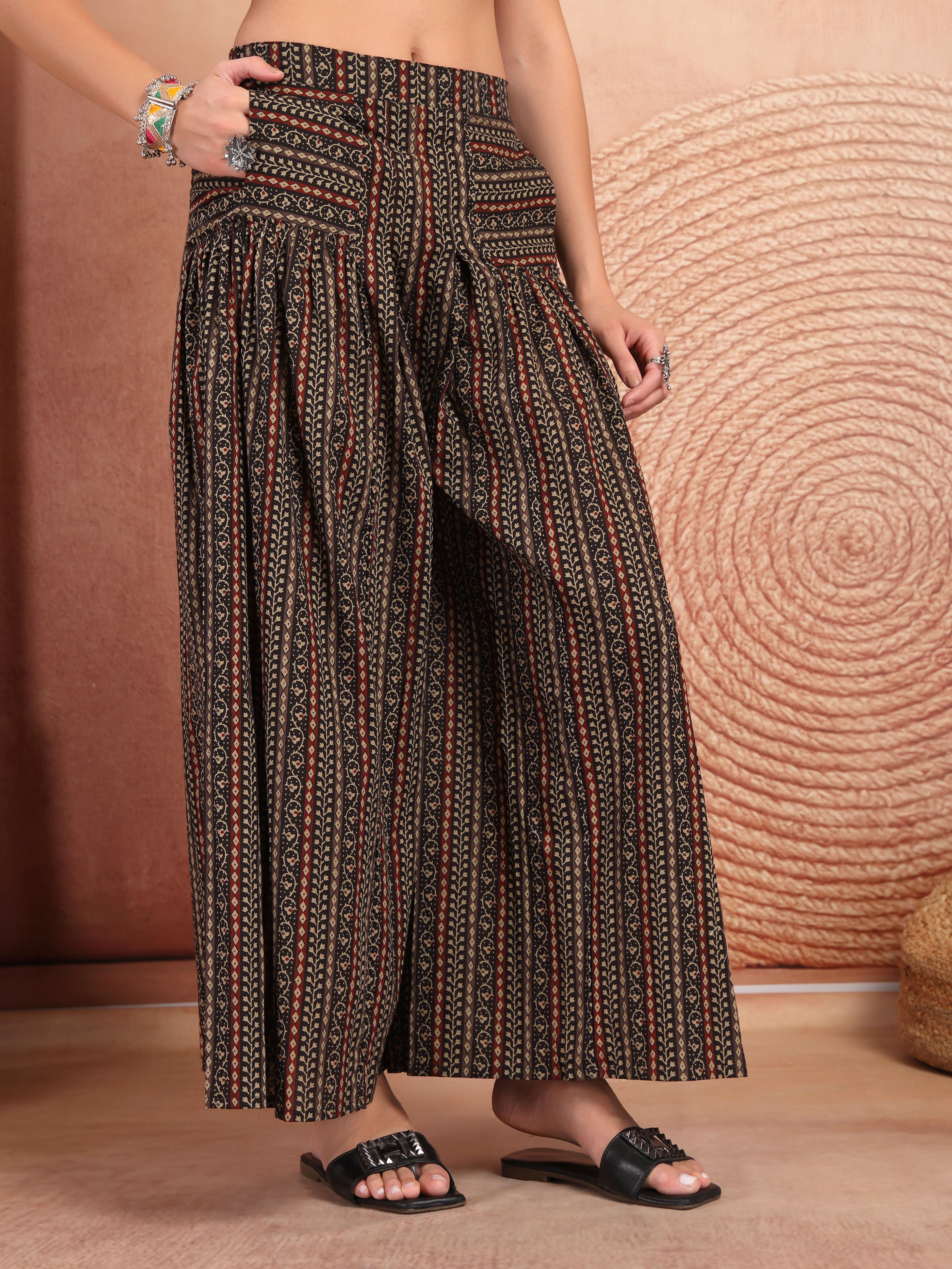Black Printed Cotton Flared Palazzo for Women - view 6