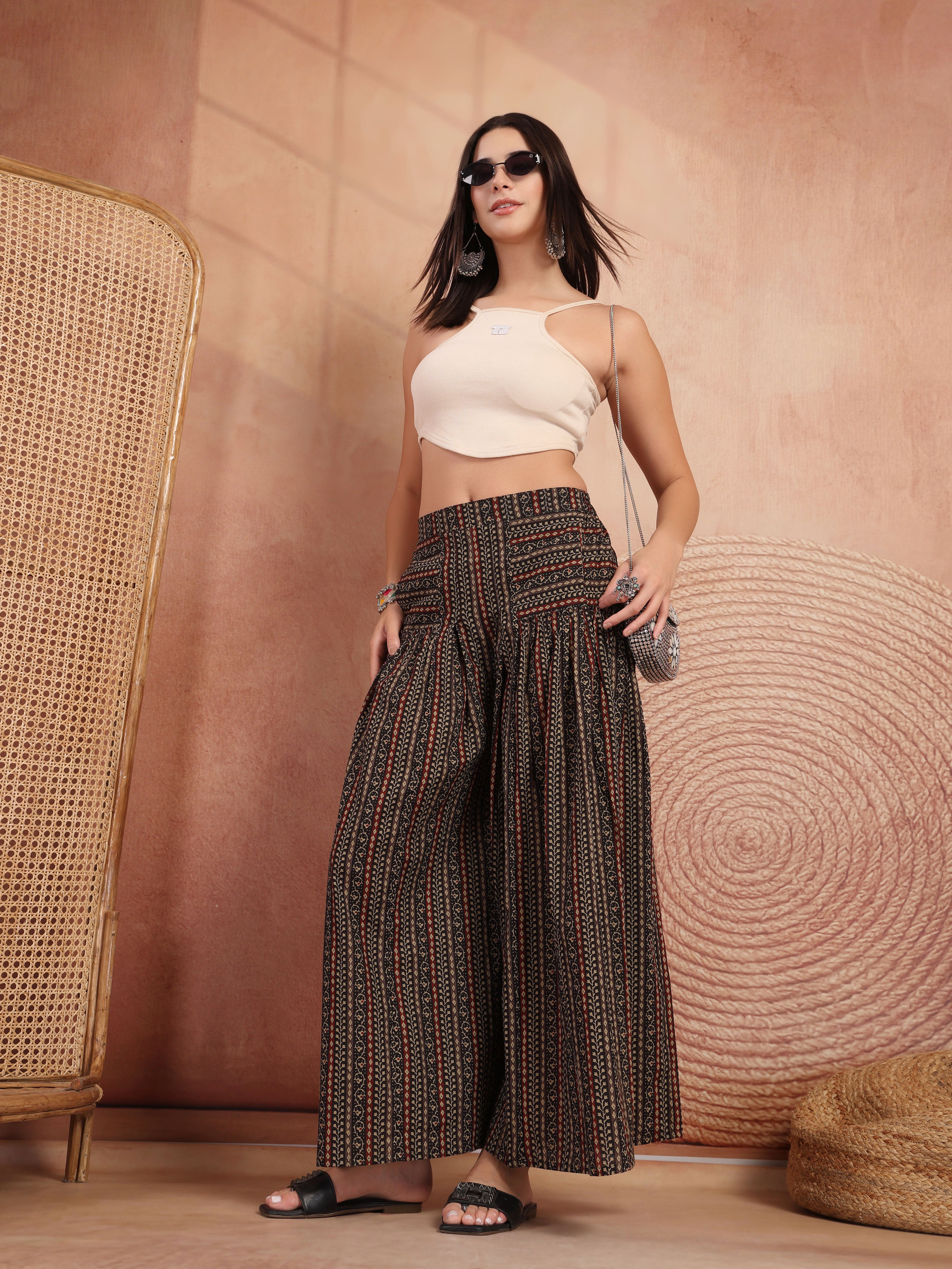 Black Printed Cotton Flared Palazzo for Women - view 7