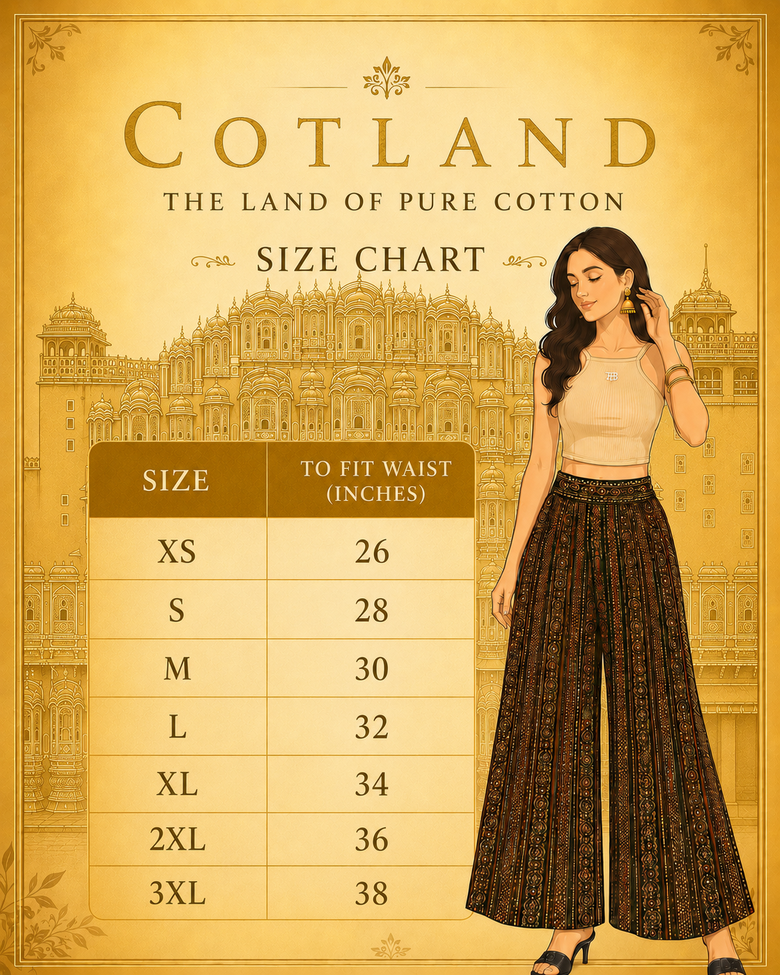 Black Printed Cotton Flared Palazzo for Women - size chart